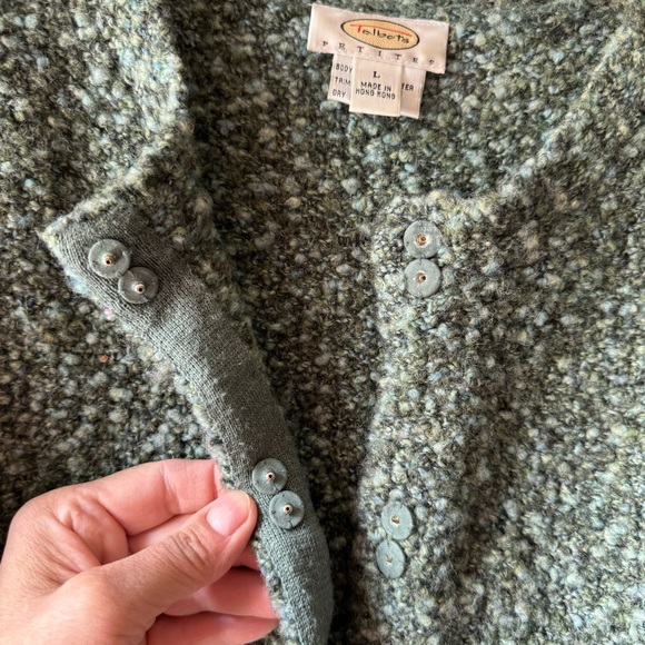 TALBOTS wool blend short cardigan snap-front, olive + aqua green boucle - Picture 2 of 9